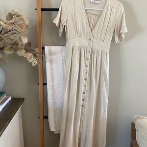 Beige linen v-neck dress. Petal and Pup size 2. Never worn, no tags.